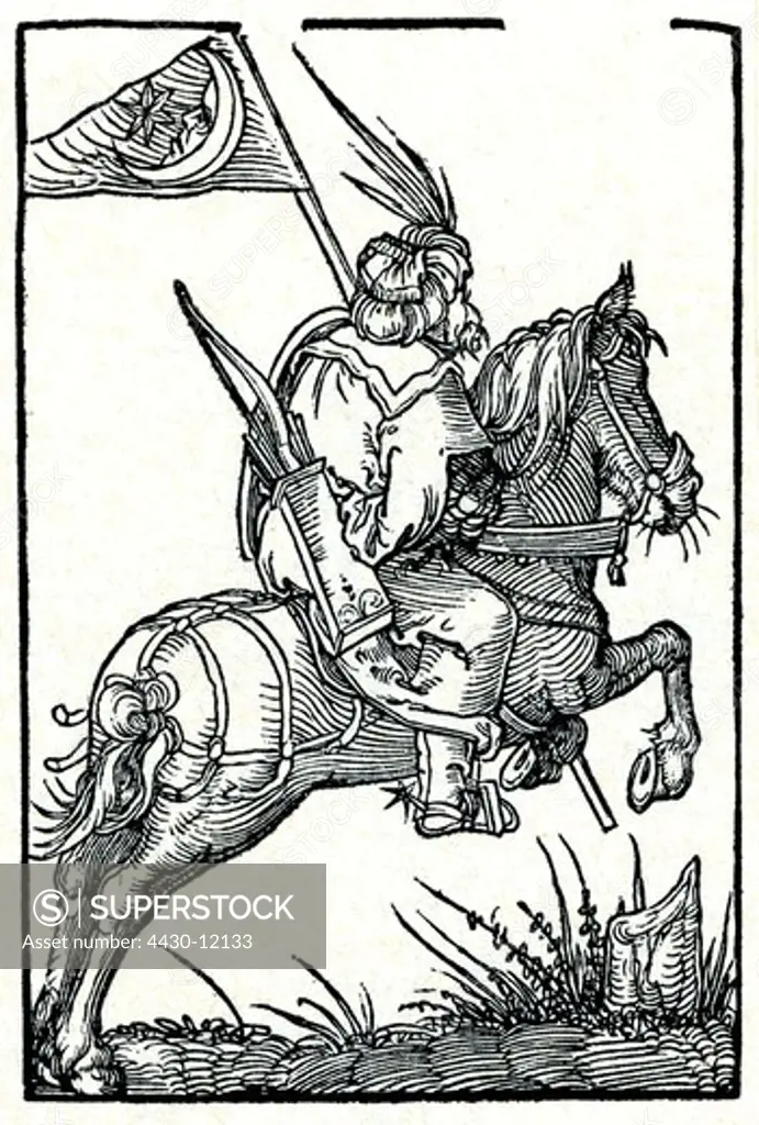 military Turkey cavalry Sipahis horseman woodcut by Albrecht D»rer to ""Asiae Europaeque elegantiss descriptio"" by Aeneas Silvio Piccolomini Cologne 1531,