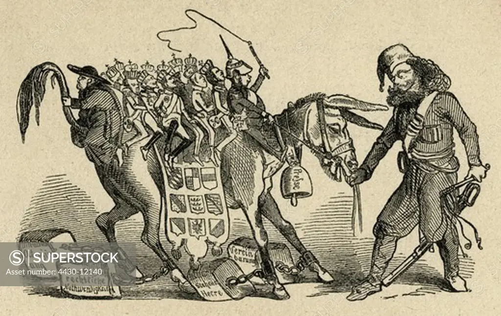 geography/travel Germany politics caricature ""The German people presented by its trainer Knoutovski and ridden by 29 sovereigns"" engraving circa 1855,