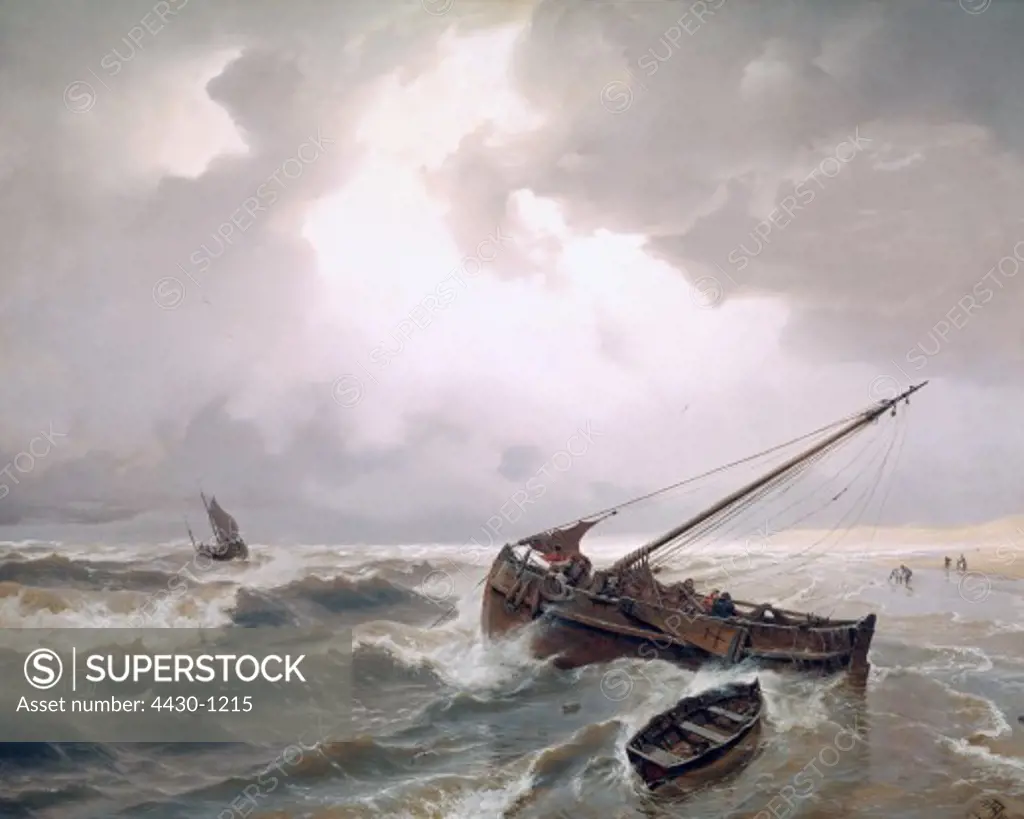 fine arts, Achenbach Andreas, (1815 - 1910), painting, ""Fischerboot an der holl_ndischen K™ste"", (""fishing boat on the Dutch coast""), 1835, oil on canvas, Europe, 19th century, surf, waves, wind, storm, ship, ships, boats, straned, fisherman, fishermen,