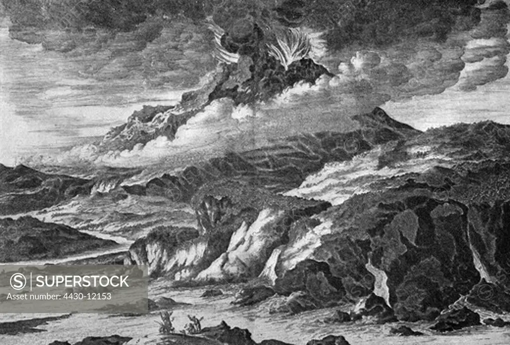 Japan natural disasters vulcanic eruption Siurpurama 1650 engraving 19th century,