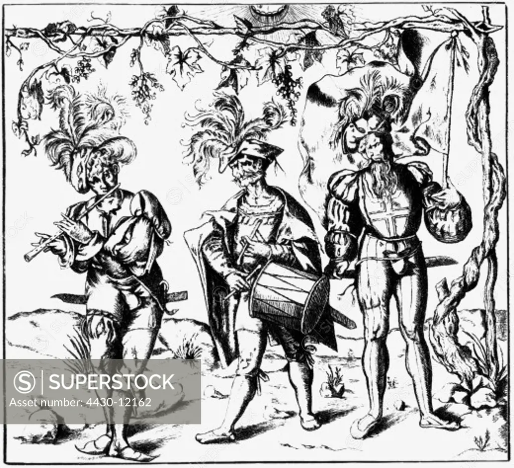 military, Landsknechts, in the service of Emperor Maxemilian I, piper, drummer and colour bearer, copper engraving by Matthaeus Zasinger, late 15th century,