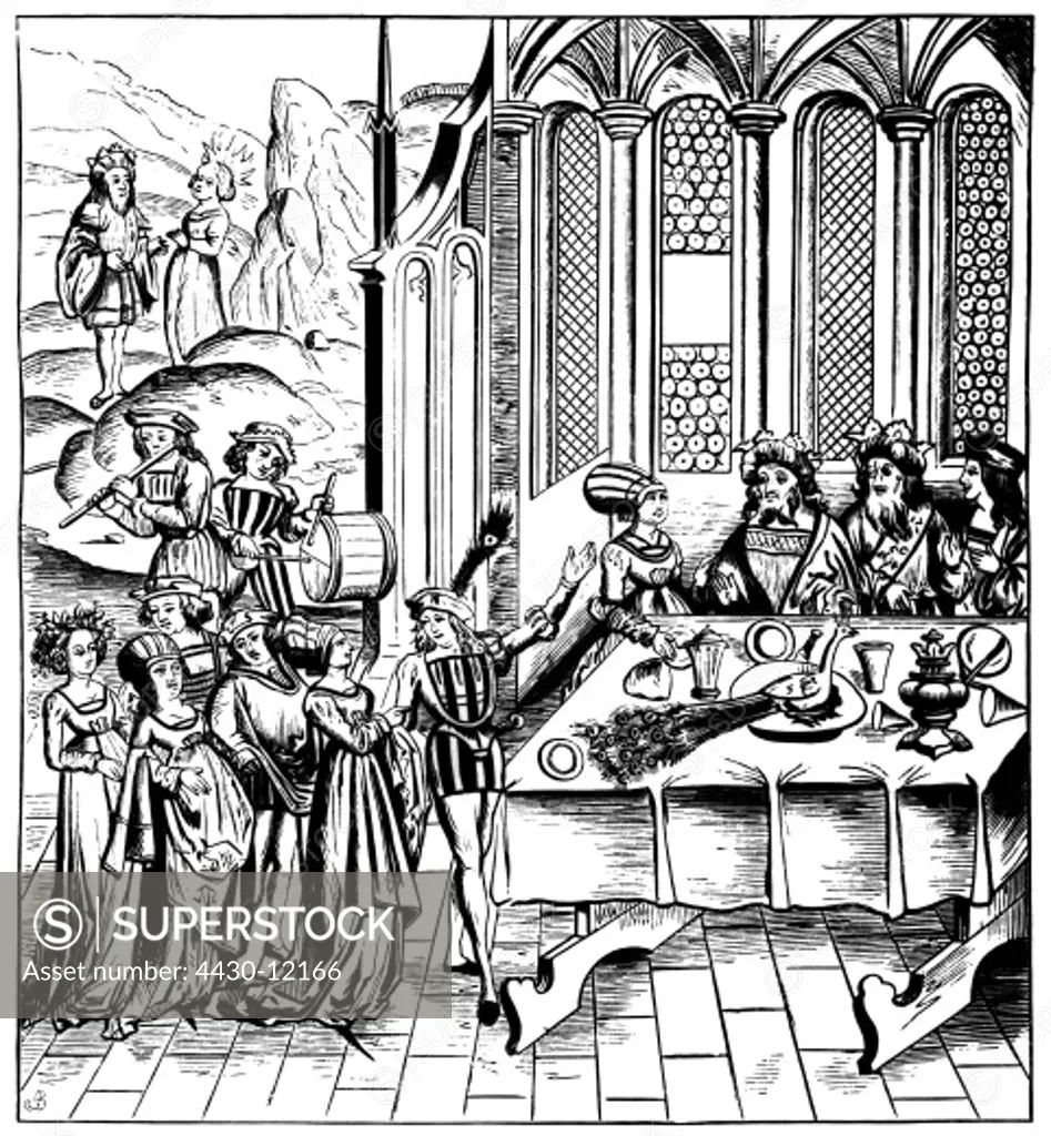gastronomy, meals, prince having feast, woodcut, from: Publis Vergilius Maro, ""Opera"", Lyon, 1517,