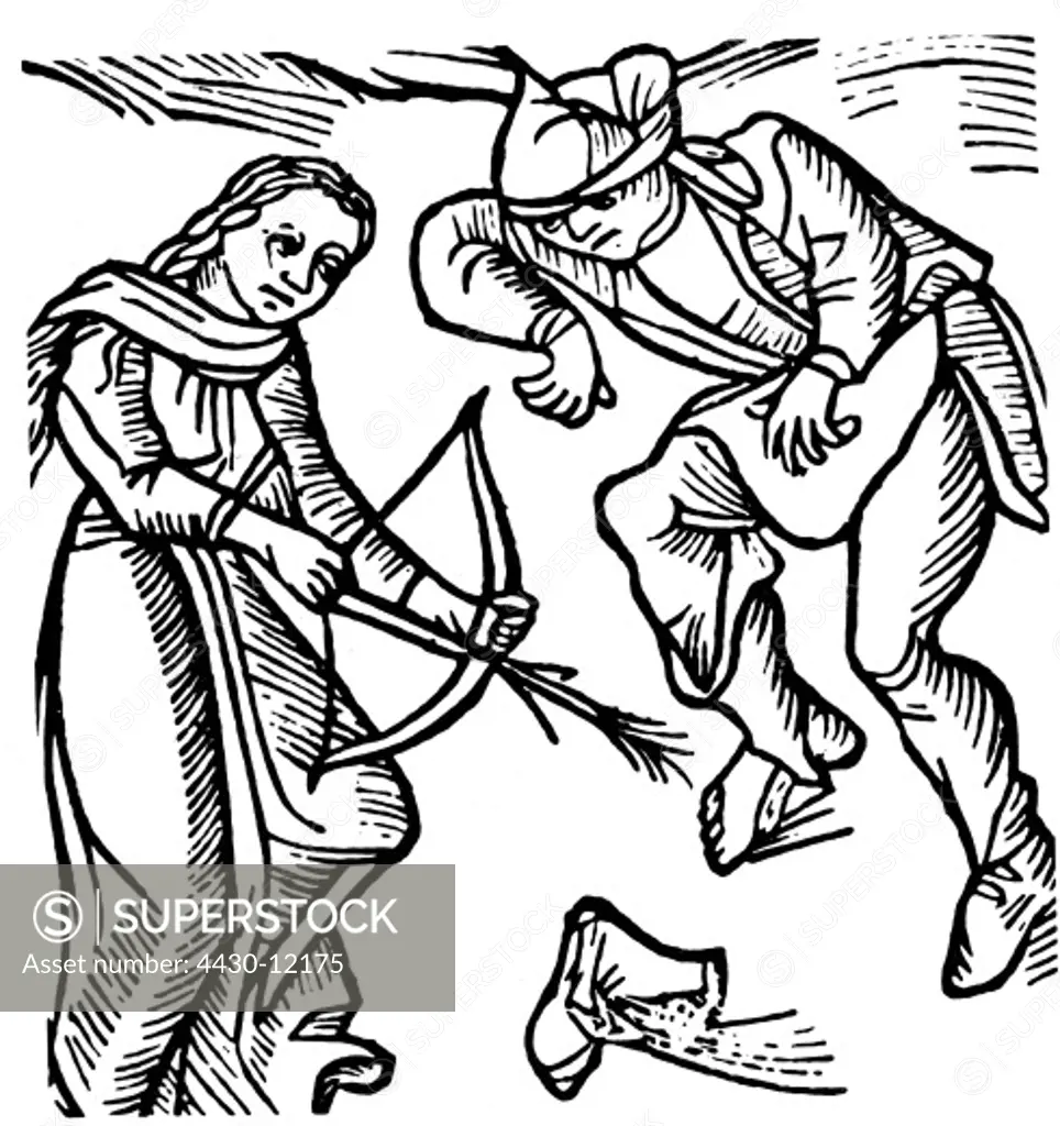 witches, a witch bewitching a man, woodcut, ""Tractatus de lamiis et phitonicis mulieribus"" (""Of Witches and Diviner Women"") by Ulrich Molitor, Ulm, 1489,
