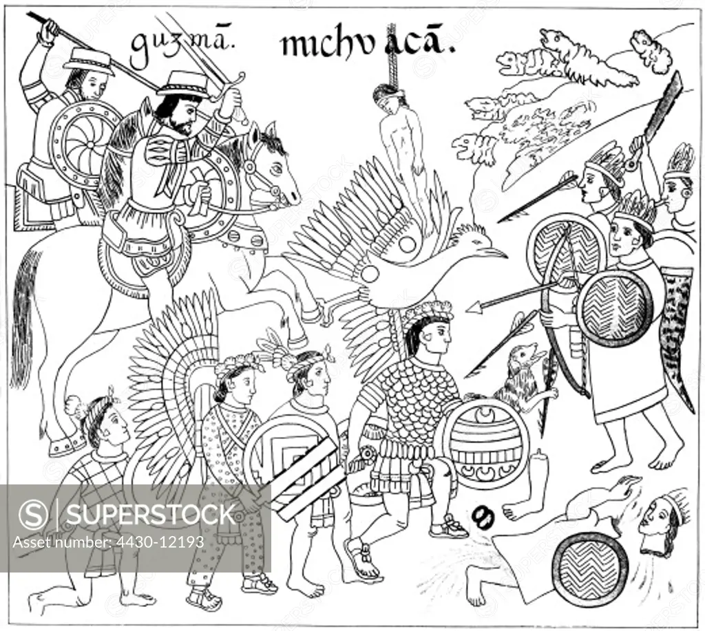 geography / travel, Mexico, Aztec Empire, Spanish conquistadors in Mexico, after Aztec drawings,