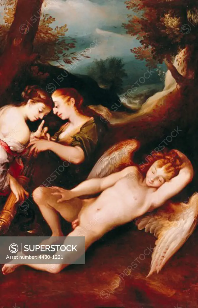 fine arts, Aachen, Hans von, (1552 - 1615), painting, ""Schlafender Amor"", ""sleeping Cupid"", Pommersfelden, Germany, Europe, 16th century, 17th century, mannerism, god of love, Eros, sleep, naked, nakedness,