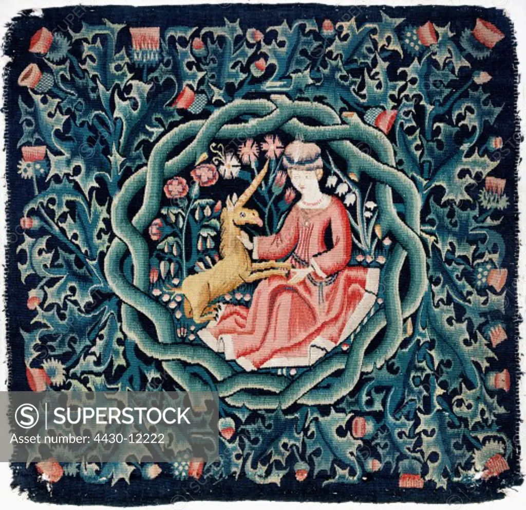 textile / fabric, pillowcase ""Die Jungfrau mit dem Einhorn"" (The Virgin with the Unicorn), Cologne, 15th century, Schnuetgen Museum, Cologne, ornament, ornaments, fabulous, mythical creature, creatures,