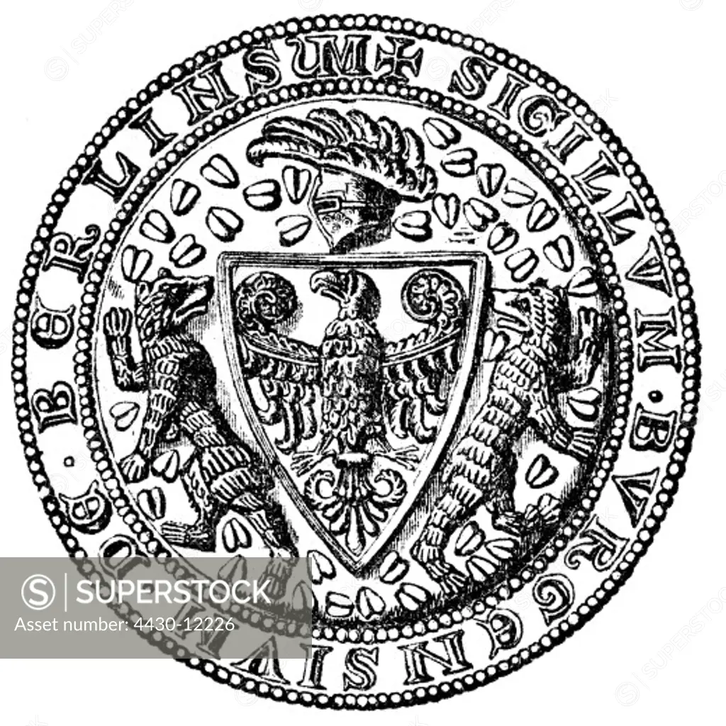 heraldry, coat of arms, city arms, Germany, Berlin, seal, 1280 - um 1335, legend: ""Sigillum burgensium de berlin sum"", wood engraving, 19th century,