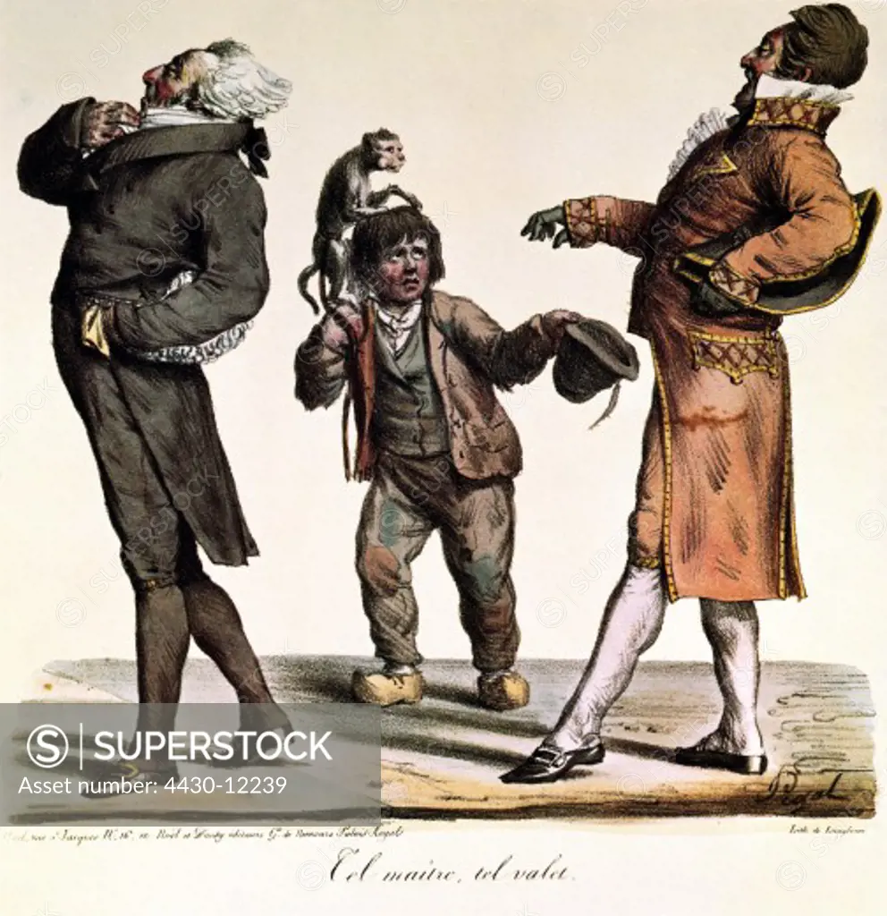 people, society, political caricature, bourgeois as nobleman, ""Cel maitre, cel valet"", after E.Jean Pigal, France, 19th century,