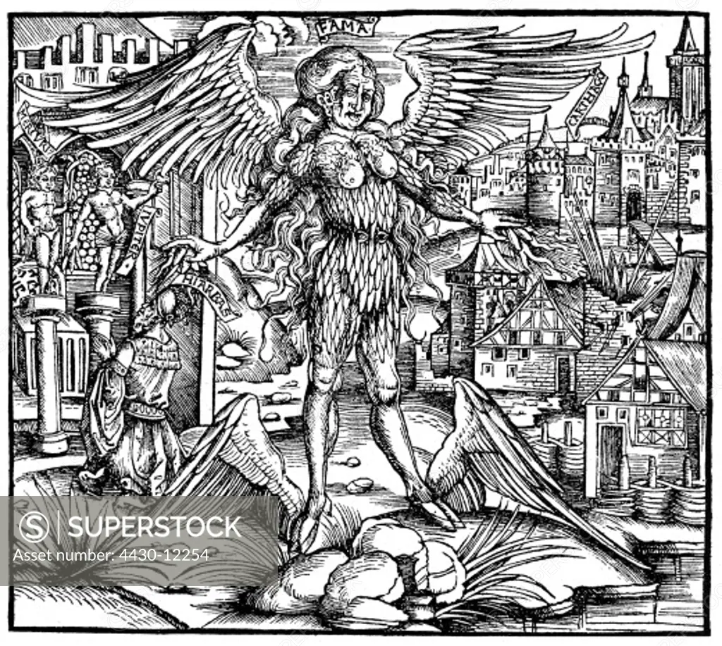 allegories, ""Rumour"" (Fama), woodcut, edition of ""Aeneid"" by Virgil, Hans Grueninger, Strassbourg, 1502,