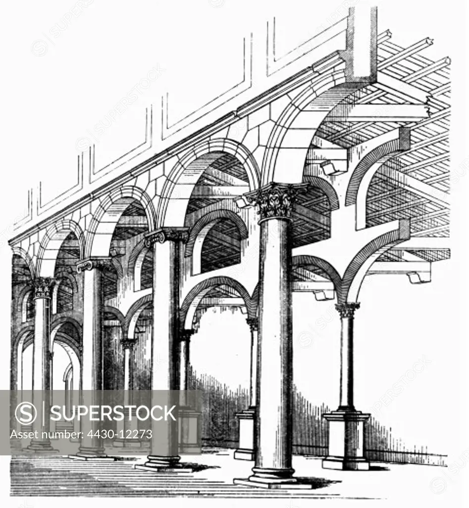 architecture, detail, columns, Basilica San Giovanni in Laterano, Rome, wood engraving, 19th century,