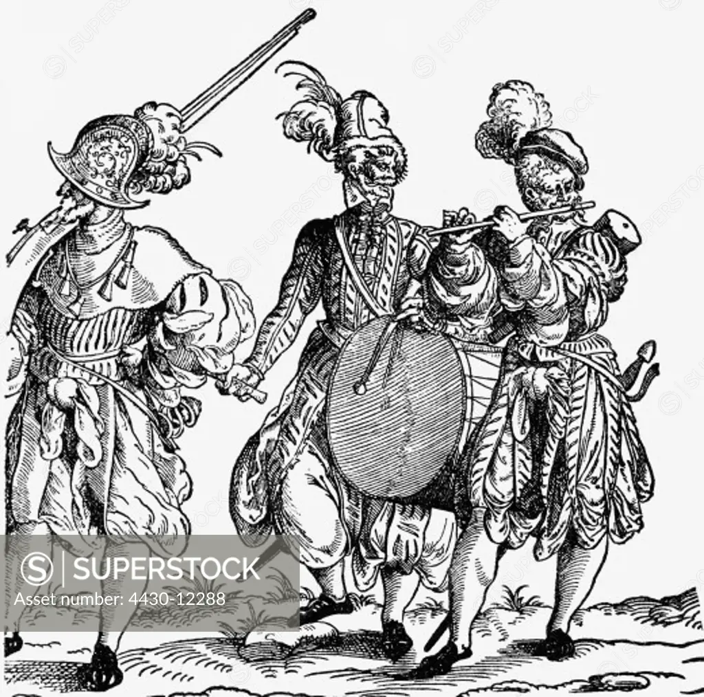military, Landsknechts, arquebusier, drummer and piper, woodcut, 16th century,