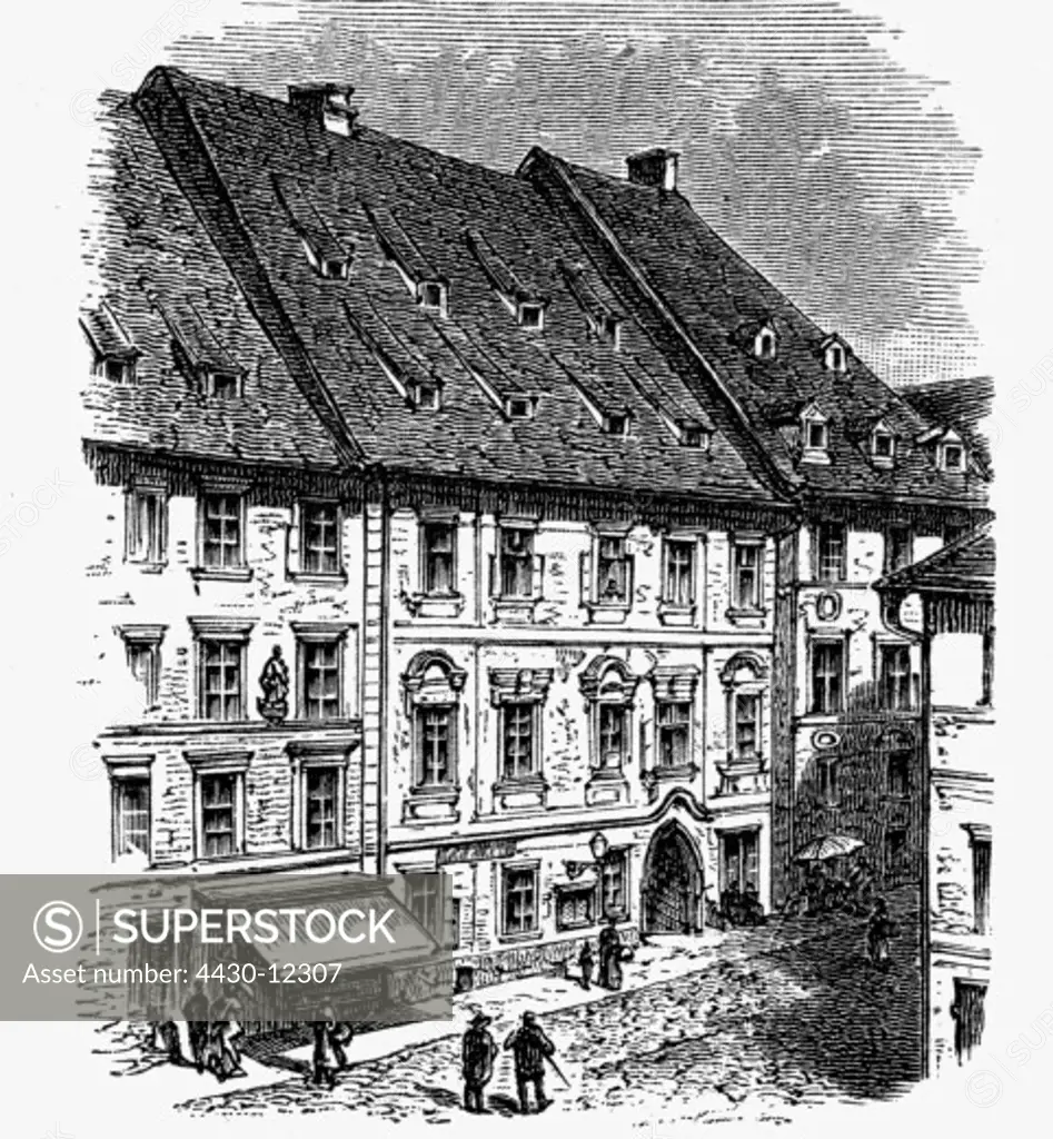 geography / travel, Czechia, Cheb, Pachelbel House, exterior view, wood engraving, late 19th century,