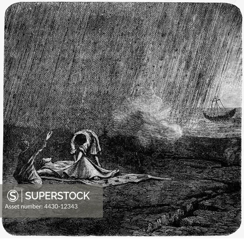 volcanism, Vesuvius, eruption, people in the rain of ash, illustration, wood engraving, circa 1870,
