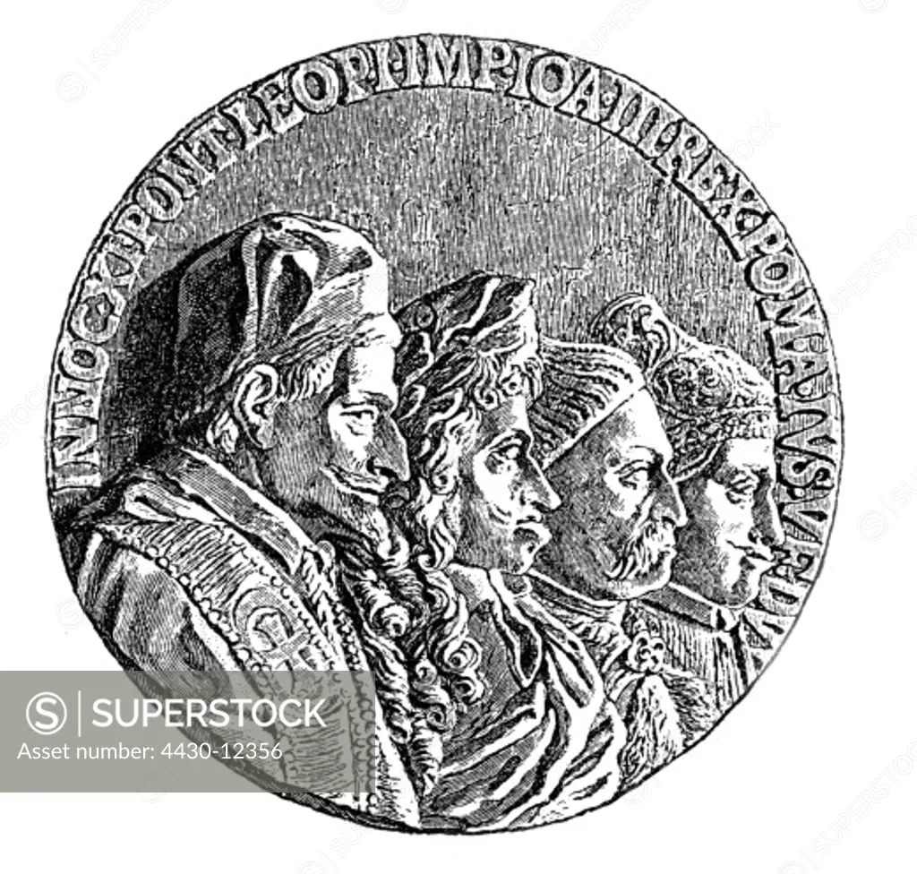 events, Ottoman Wars, Holy League of 1684, medal, wood engraving, 19th century,