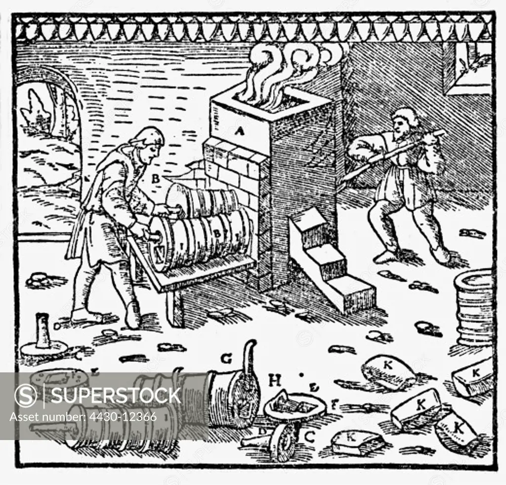 industry, metal, tin, smelting furnace, woodcut, ""De re metallica"" by Georgius Agricola, Basel, 1556,