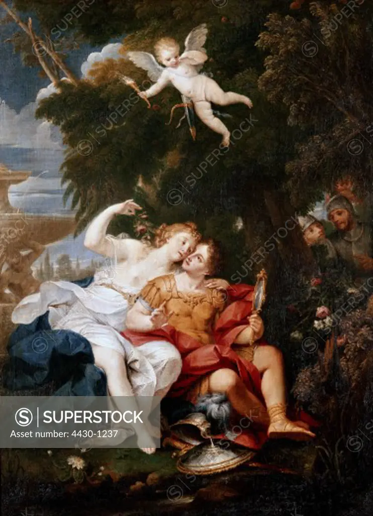 fine arts, Albani, Francesco, (1578 - 1660), painting, ""Rinaldo und Armida"", Pommersfelden, Germany, Europe, 17th cenmtury, baroque, love, couple, embracing, holding, mirror, Amor, Cupid,