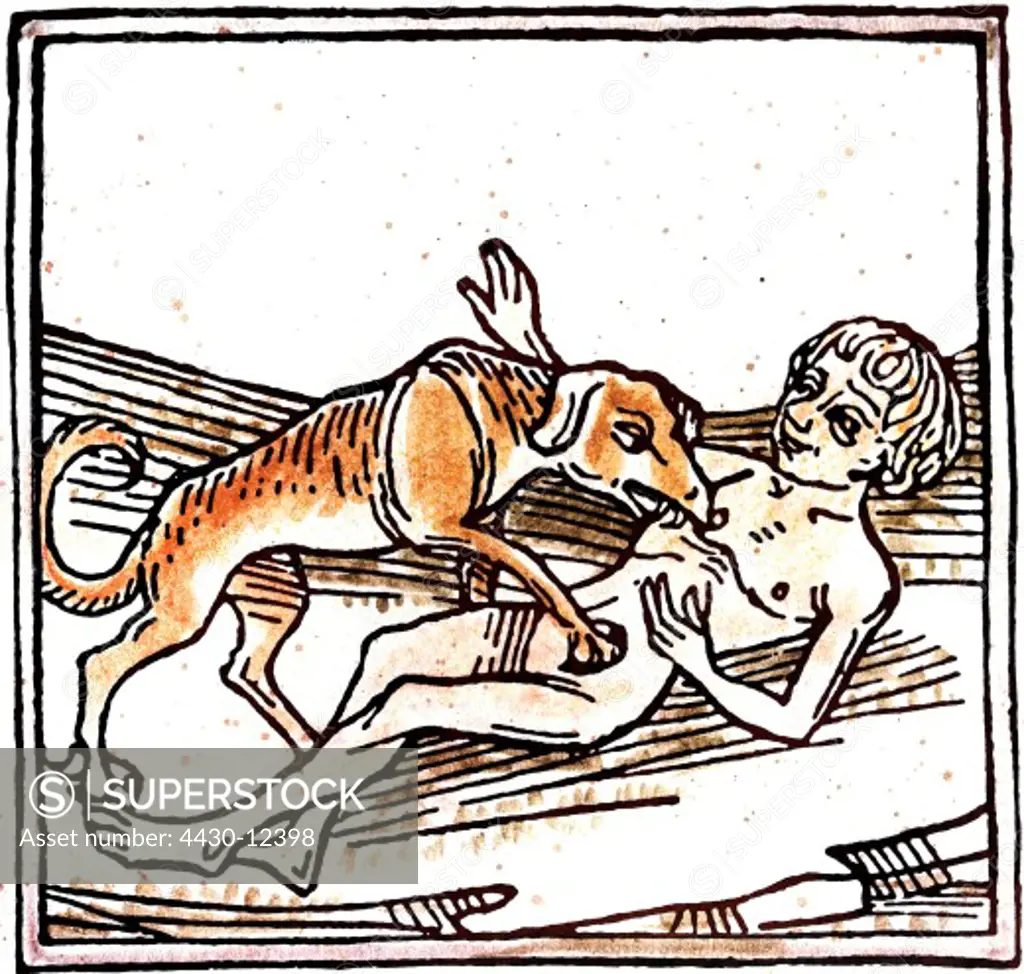 superstition, mythological creatures, werewolf attacks a naked man, coloured woodcut, after travel report of Johann de Mandeville, incunabulum printing by A. Sorg, Augsburg, Germany, 1481,