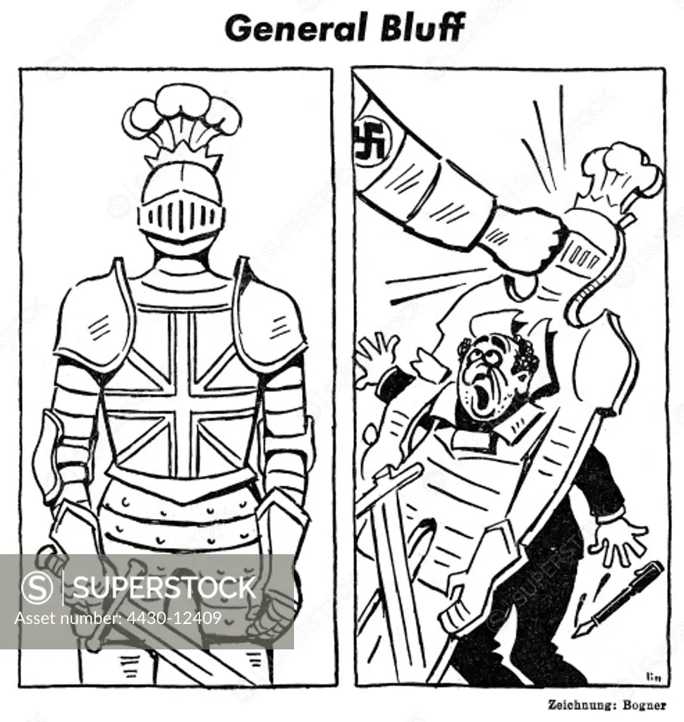 events, Second World War / WWII, propaganda, Germany, caricature, ""General Bluff"", drawing by Bogner, ""Das Schwarze Korps"", 19.9.1940,