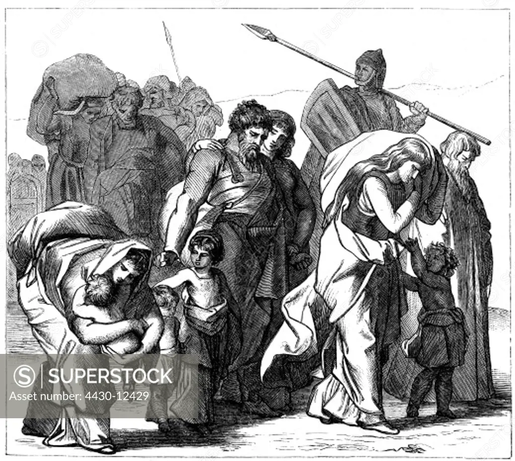 events, Saxon Wars (Charlemagne), 772 - 804, scene, Saxons are deported, wood engraving, 19th century,