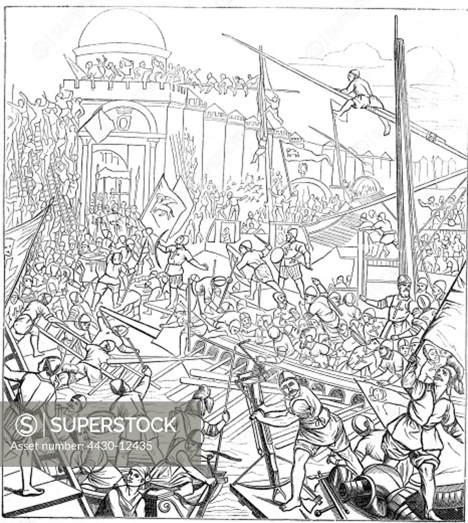 Middle Ages, crusades, 4th crusade 1202 - 1204, crusaders storm Constantinople, 12.4.1204, drawing after fresco by Jacopo Negretti the Younger, Venice, 17th century,