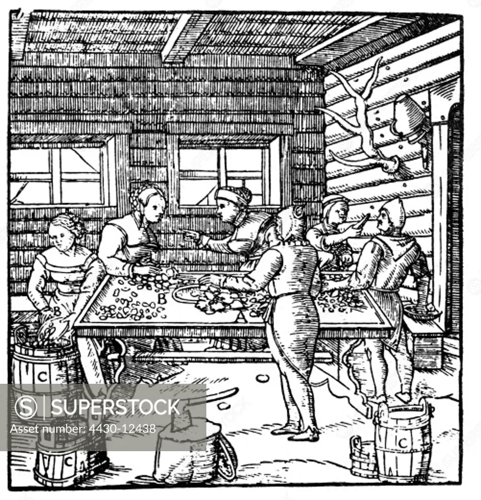 mining, mine, sorting out the ore, woodcut, ""De re metallica libri XII"" by Georgius Agricola, Basel, 1556,