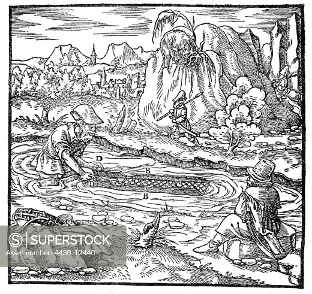 metals, gold, washing gold in a creek, woodcut, ""De re metallica libri XII"" by Georgius Agricola, Basel, 1556,