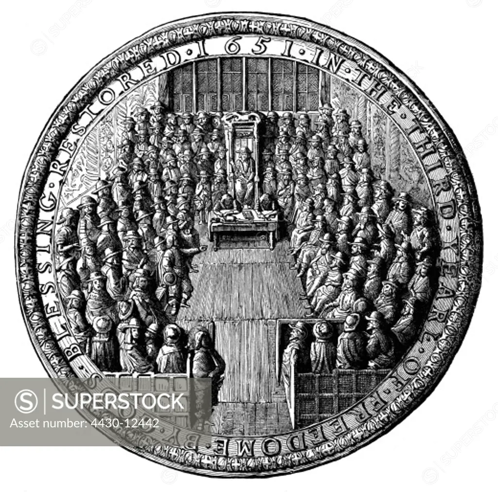 politics, parliament, session of the Rump Parliament, backside of the state seal, 1651, wood engraving, 19th century,