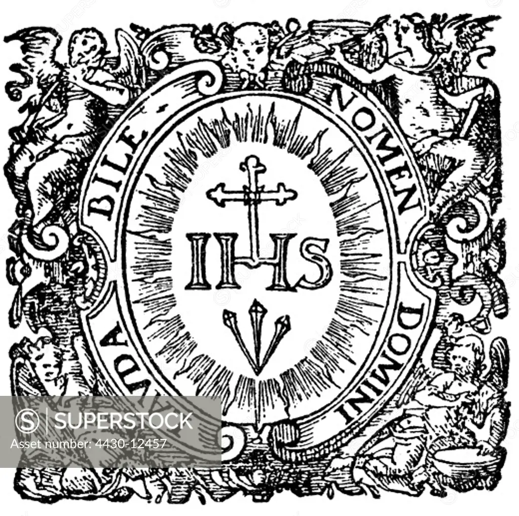 religion, Christianity, clergy, religious orders, Jesuits (Societas Jesu), emblem, ""In hoc signo vinces"", after copper engraving, 18th century,