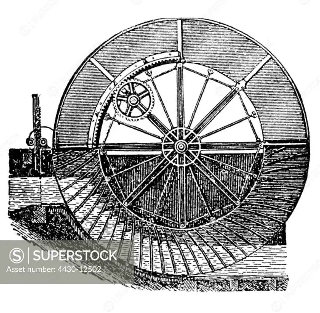 energy, water, water wheels, undershot waterwheel, cross section, wood engraving, late 19th century,
