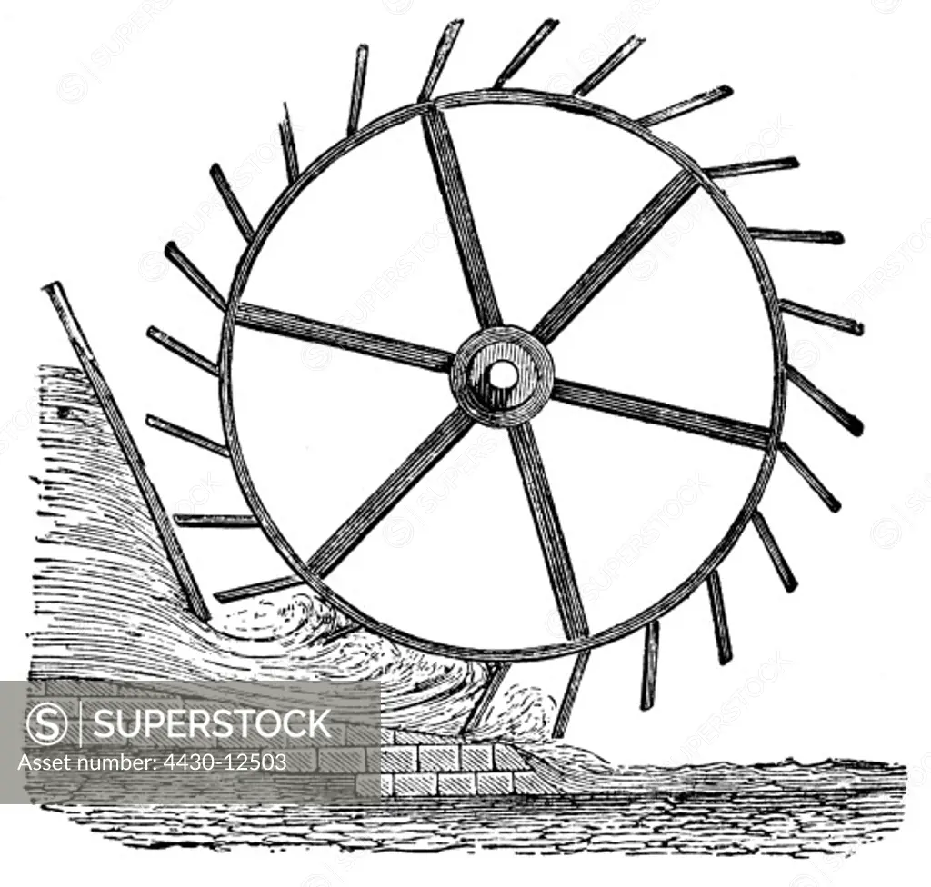 energy, water, water wheels, undershot waterwheel, cross section, wood engraving, late 19th century,