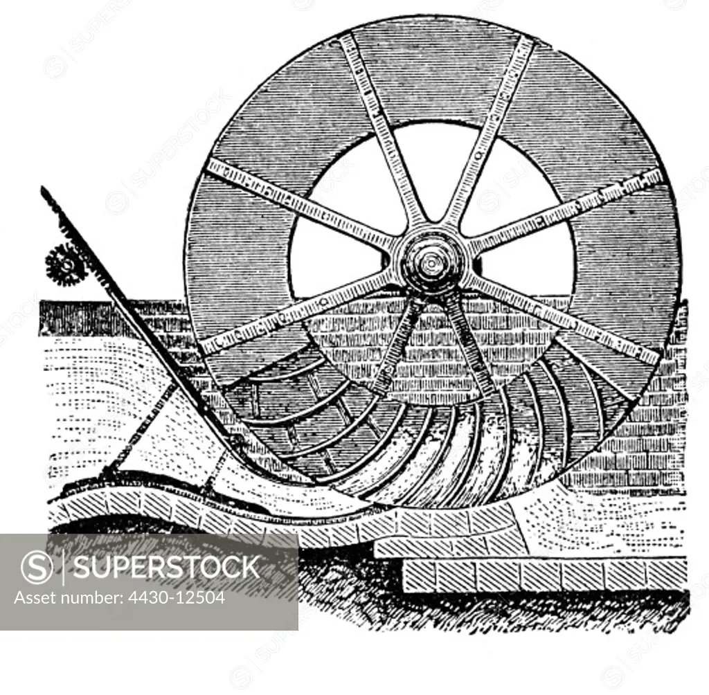 energy, water, water wheels, undershot waterwheel, so called Poncelet wheel, cross section, wood engraving, late 19th century,
