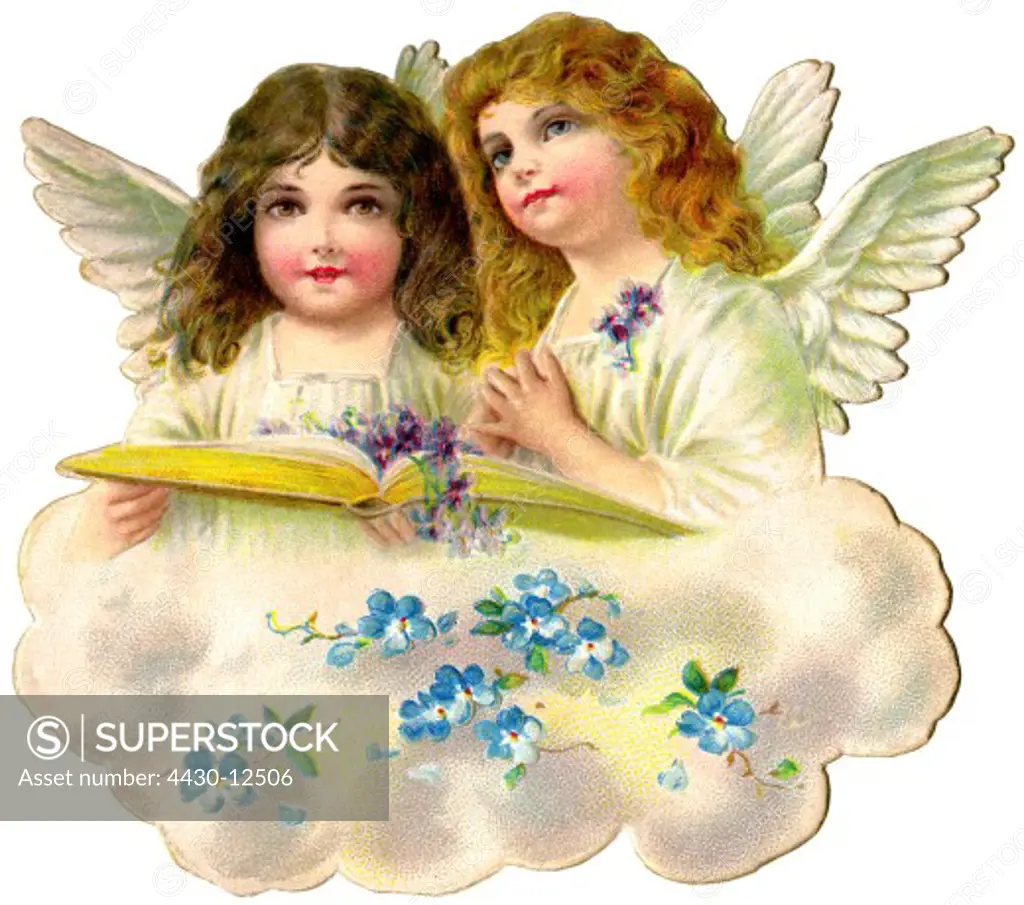 kitsch/cards/souvenir, two angels with prayer book on a cloud, lithograph, Germany, circa 1908,