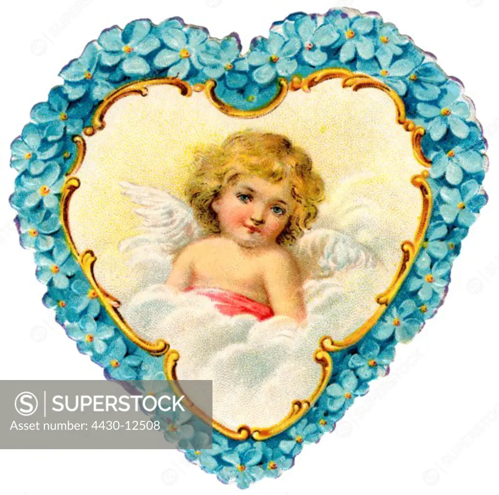 kitsch/cards/souvenir, angel of love in floral heart, out of an old album of verses, lithograph, Germany, circa 1890,