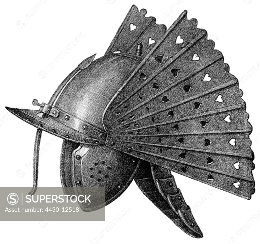 weapons, defensive arms, helmets, helmet of John III Sobieski, King of Poland 1674 - 1696, wood engraving, 19th century,