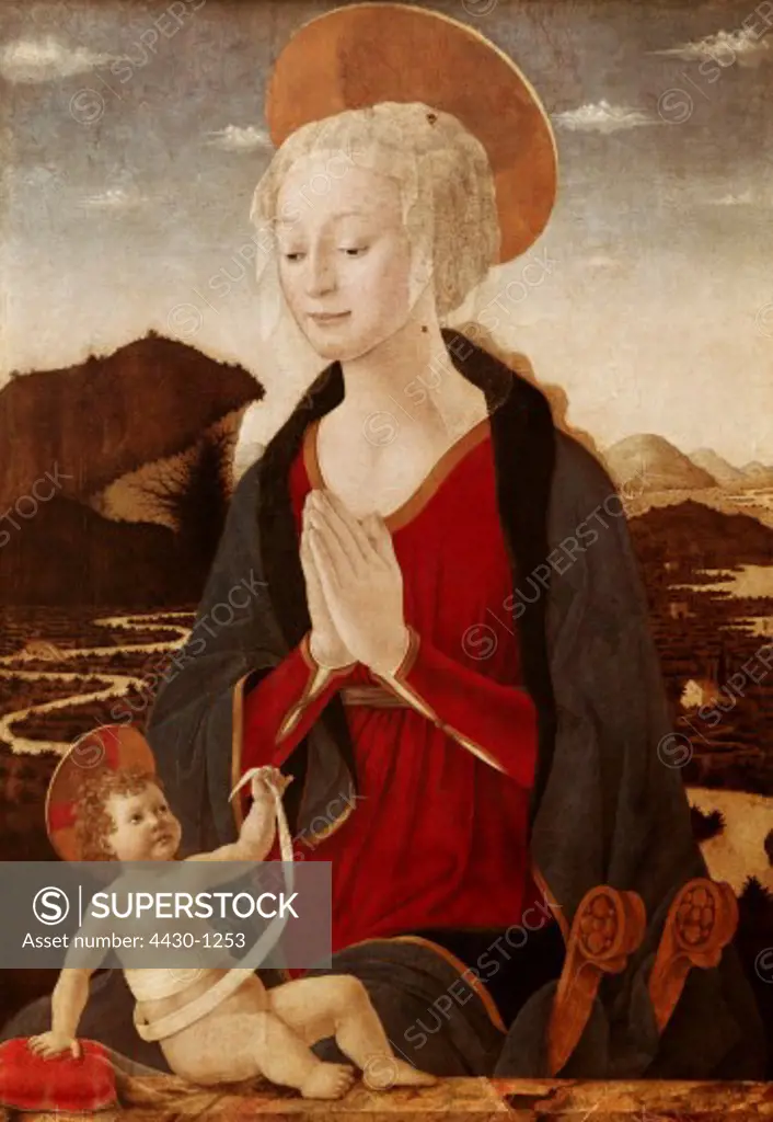 fine arts, Baldovinetti, Alesso, (1425 - 1499), painting, ""Saint Mary with the child"", circa 1470, oil on canvas, 104 cm x 76 cm, Louvre, Paris, France, Europe, middle ages, 15th century, gothic, religious art, religion, christianity, Jesus Christ, Madonna, praying,