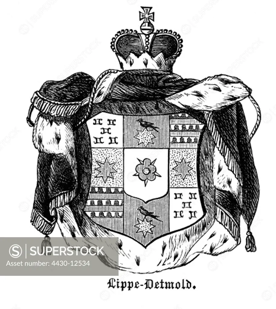 heraldry, coat of arms, Germany, state coat of arms of the Principality of Lippe-Detmold, wood engraving, 1872,