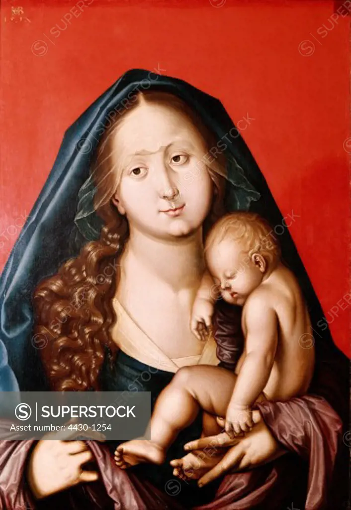 fine arts, Baldung, Hans called Grien, (1484 / 1485 - 1545), painting, ""Madonna mit dem Kind"", (""Madonna with the child""), 1520, Augustine museum, Freiburg, Germany, Europe, religion, christianity, religious art, 16th century, renaissance, Saint Mary, Jesus Christ, sleeping,