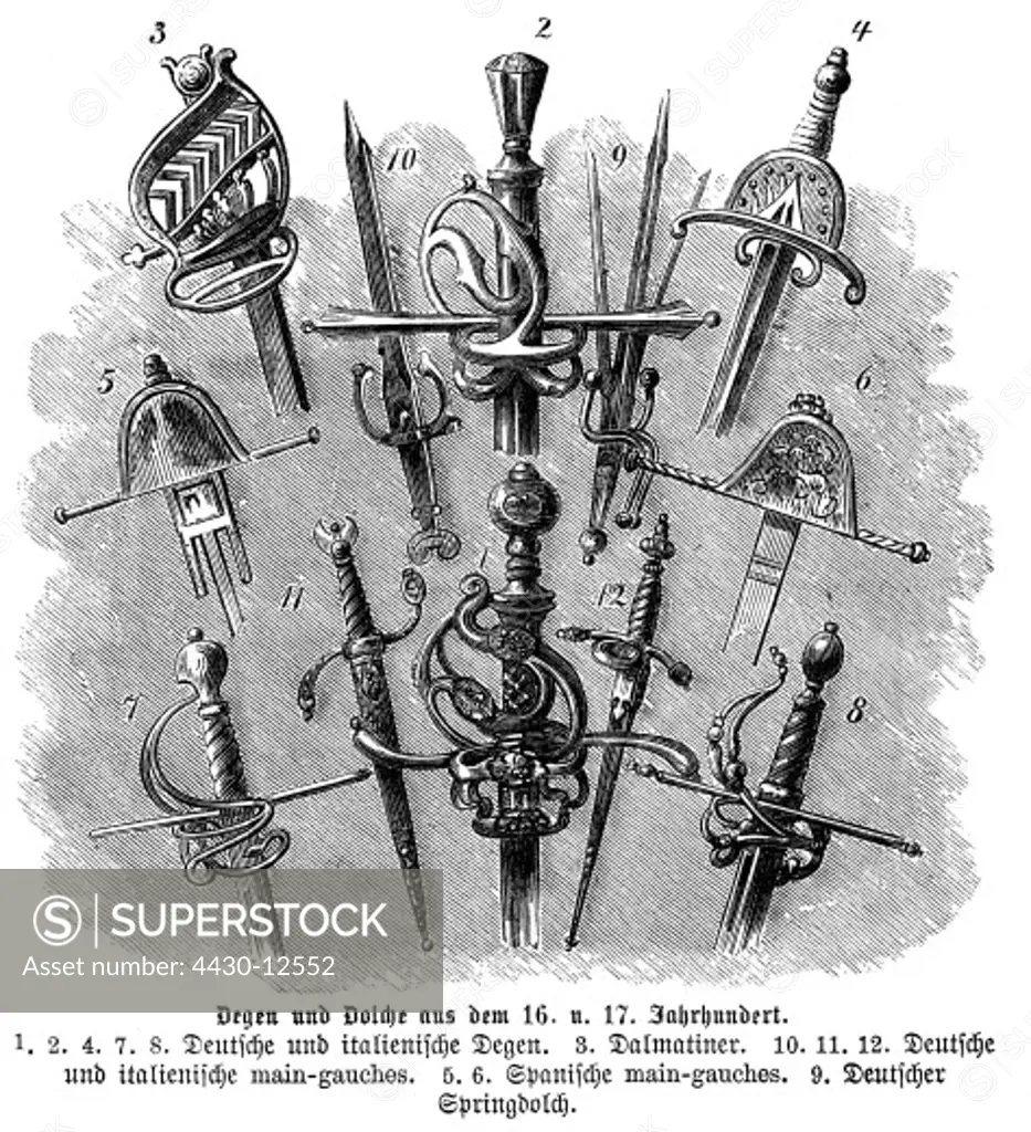 weapons, modern times, swords and daggers, 16th / 17th century, 1, 2, 4, 7 und 8: German and Italian rapiers, 3: Dalmatian, 5 und 6: Spanish parrying daggers, 10 - 12: German and Italian Parrying daggers, 9: deutscher switchblade, wood engraving, 1872