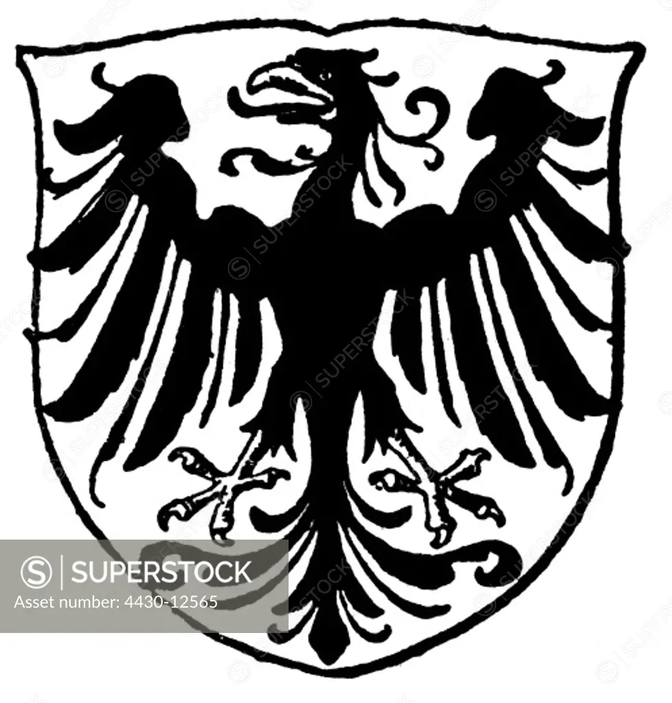 heraldry, coat of arms, Germany, city arms, Aachen, wood engraving, 1892,