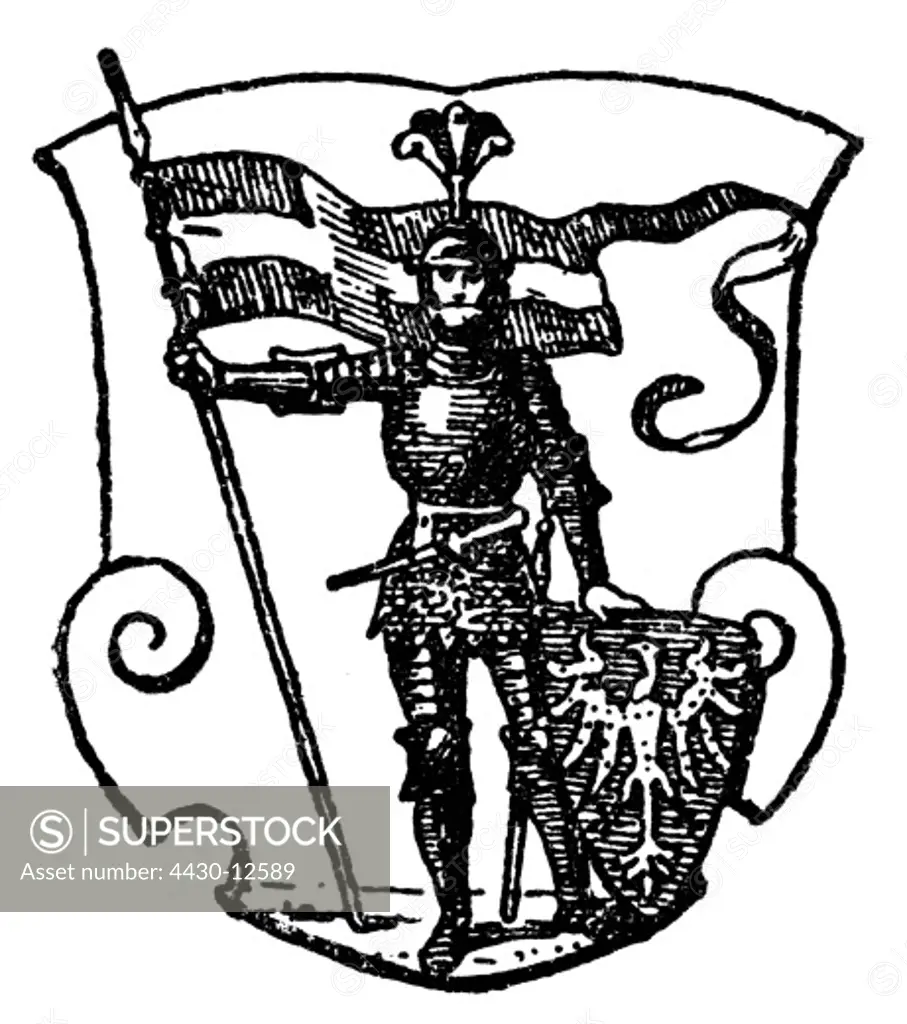 heraldry, coat of arms, Germany, city arms, Bamberg, wood engraving, 1892,