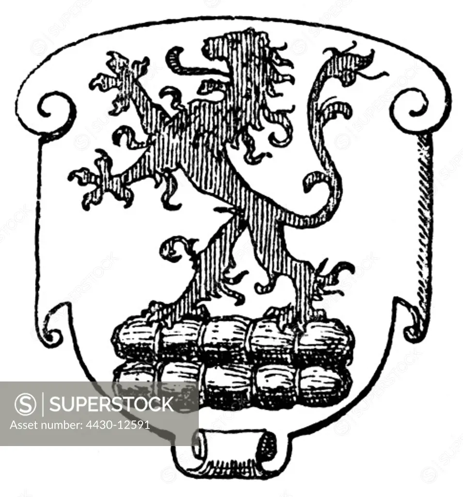 heraldry, coat of arms, Germany, city arms, Barmen, wood engraving, 1892,