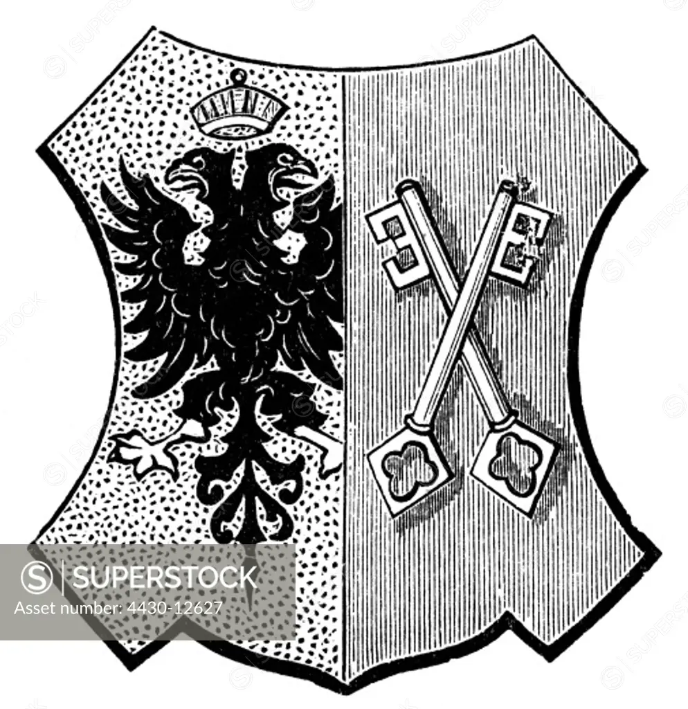 heraldry, coat of arms, Germany, city arms, Minden, wood engraving, 1893,