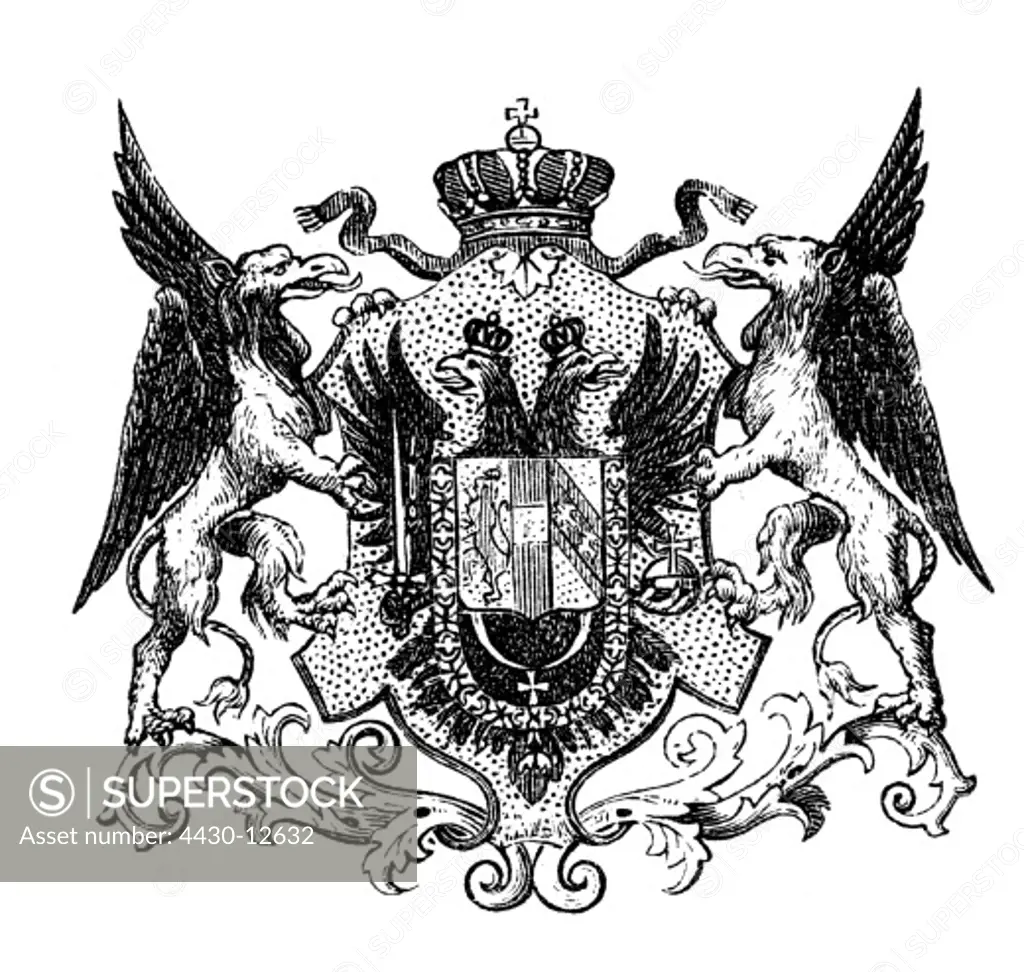 heraldry, coat of arms, Austria, middle state coat of arms of the Empire of Austria, wood engraving, 2nd half 19th century,