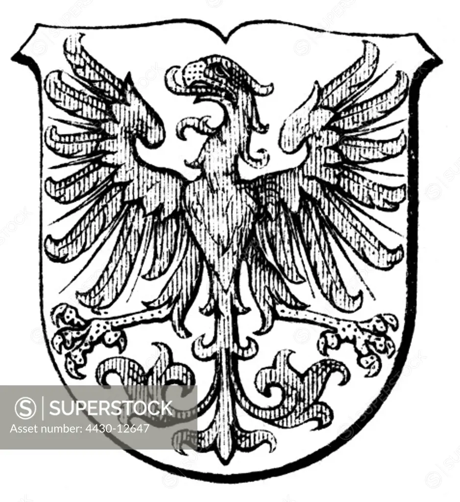 heraldry, coat of arms, Germany, city arms, Rathenow, wood engraving, 1893,