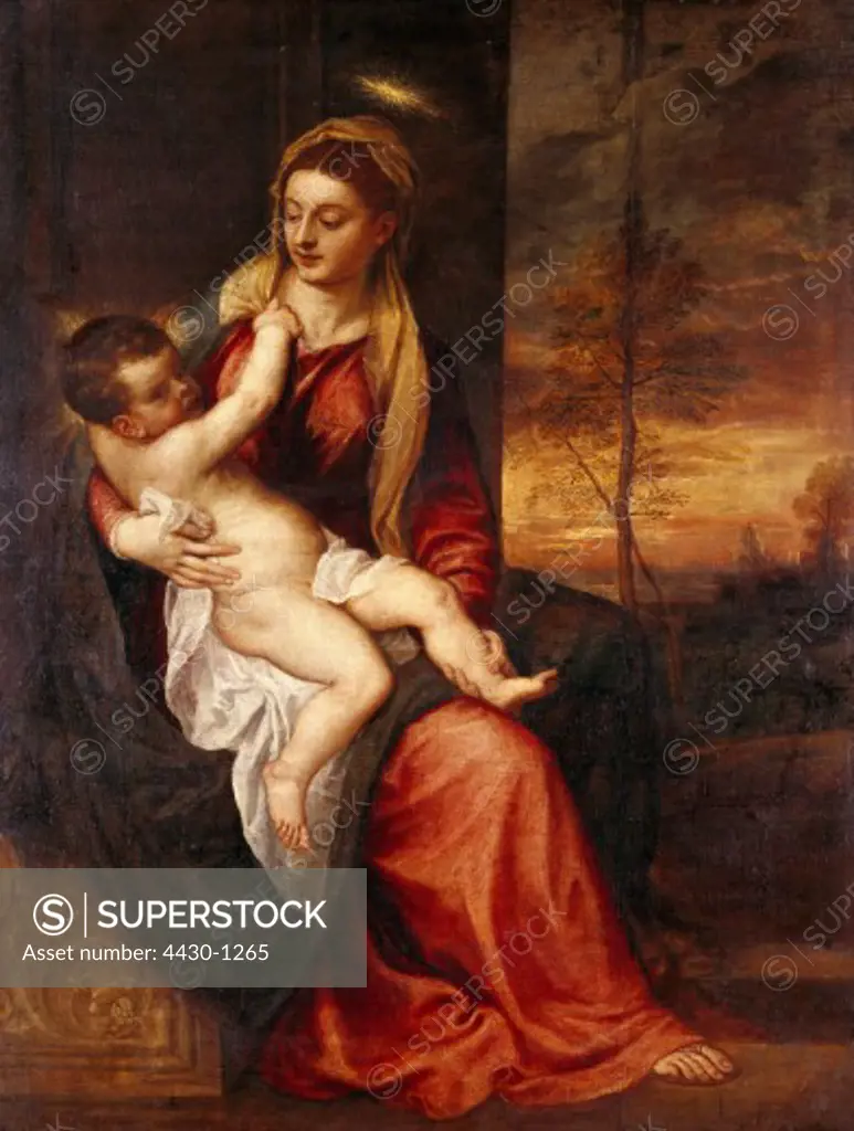 fine arts, Titian (Tiziano Vecellio), painting, ""Mary with the Christ Child"", 1561, Alte Pinakothek, Munich,