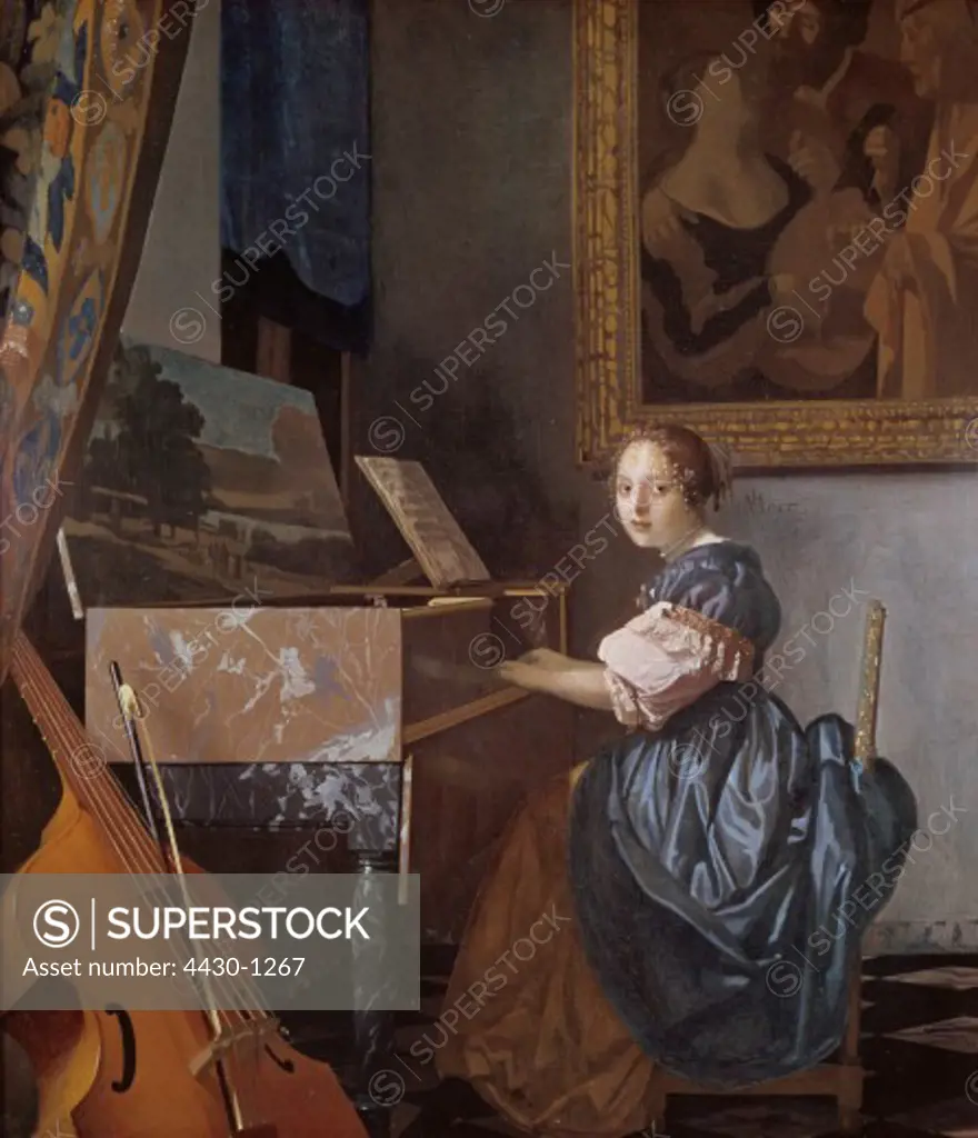 fine arts, Vermeer, Jan (1632 - 1675), painting, ""A Lady Seated at a Virginal"", 1673 - 1675, oil on canvas, 51.5 cm x 45.5 cm, National Gallery, London,