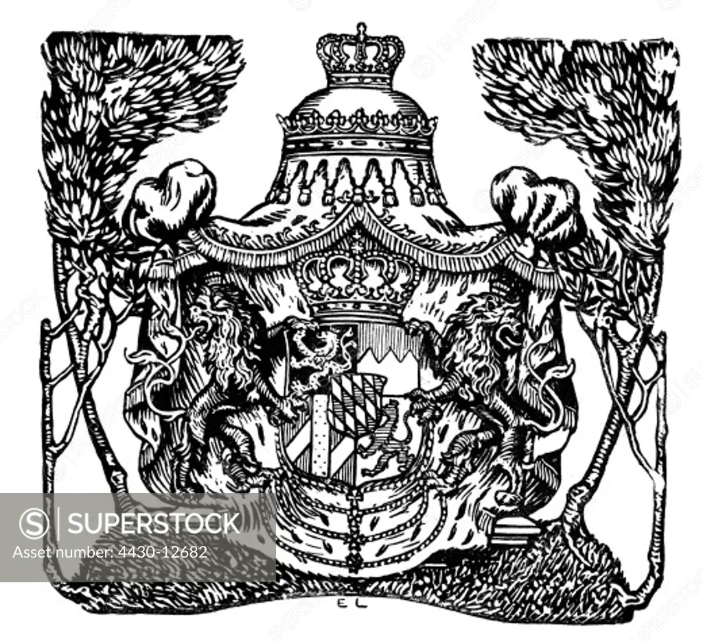 heraldry, coat of arms, Germany, state coat of arms of the Kingdom of Bavaria, design of Ernst Liebermann, circa 1905, ARTIST'S COPYRIGHT MUST ALSO BE CLEARED,
