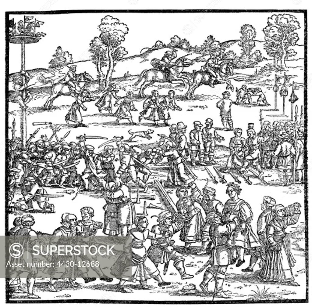 festivities, kermesse, kermesse, kermesse in Franconian village, races, wood engraving, by Hans Sebald Beham (1500 - 1550), print: Albrecht Glockendon the Younger (circa 1506 - 1545), Nuremberg, 1535,