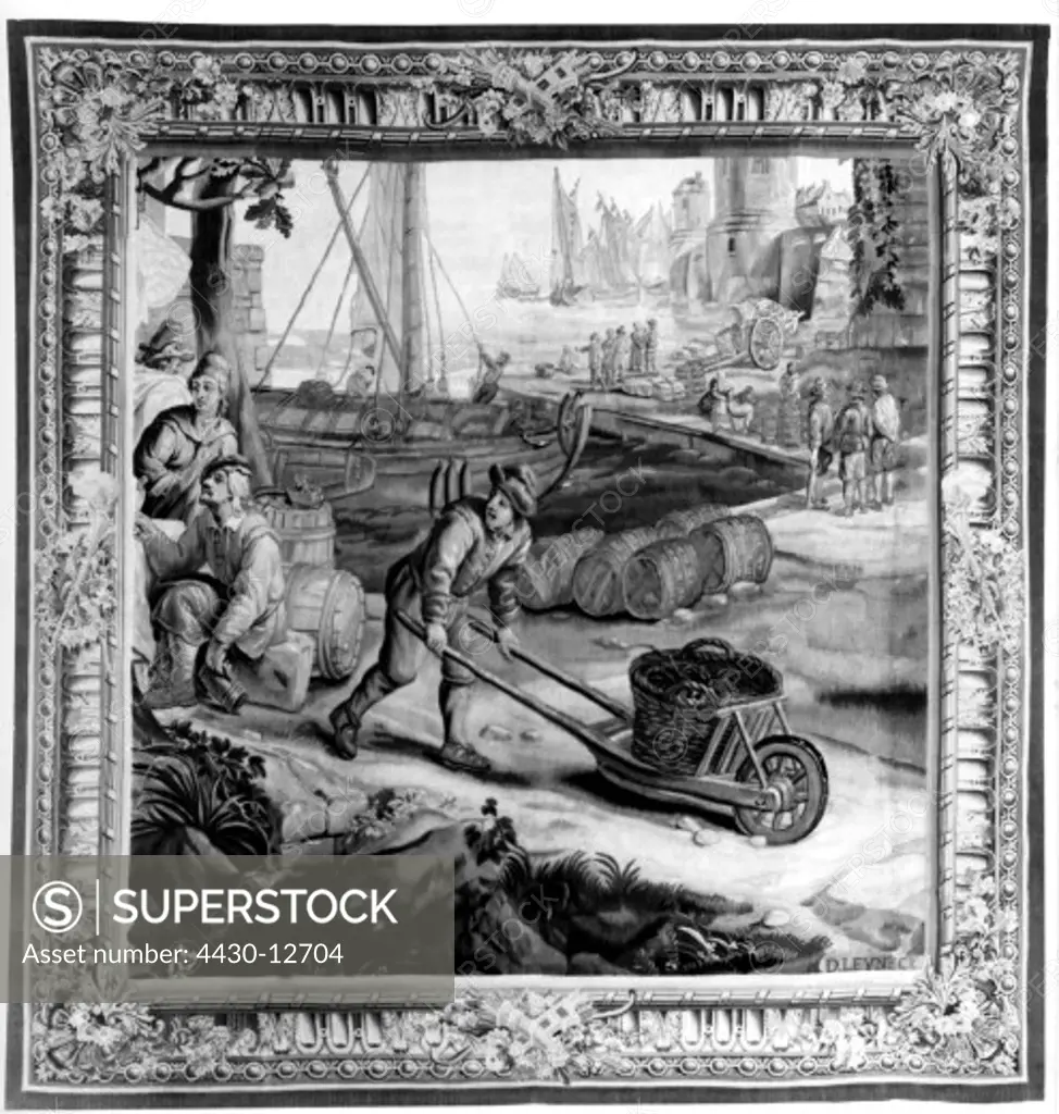 trade, merchant ships, harbour, trade port, tapestry, Leyniers family, Bruxelles, middle of the 18th century,