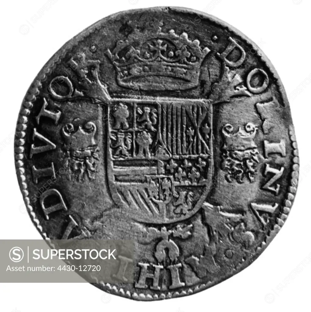 money / finances, coins, Spanish Netherlands, Philipp thaler, by king Philipp II of Spain, Antwerp, 1562, reverse,